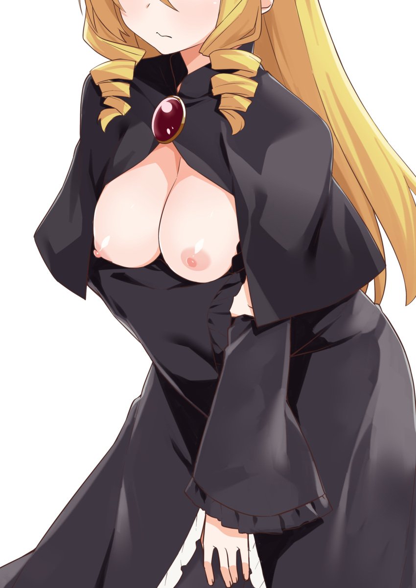 athena_tenoushuu blonde_hair blush breasts_out brooch drill_hair eyes_out_of_frame female_focus frown hayate_no_gotoku! large_breasts long_hair morisobo open_clothes open_dress tennousu_athena white_background