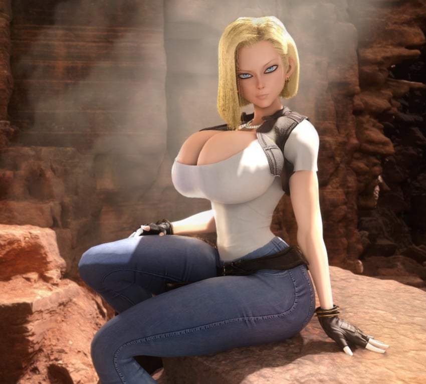 1girls 3d 3d_(artwork) alternate_breast_size android_18 asymmetrical_hair belt big_hips blonde_hair blue_eyes breasts_bigger_than_head cleavage cleavage_overflow clothed clothed_female dragon_ball dragon_ball_z female female_only female_solo fingerless_gloves gloves hips hourglass_figure huge_breasts huge_hips jeans large_hips pants pearl_necklace shirt short_hair slim_waist small_waist solo solo_female thin_waist tight_clothing vaako wasp_waist wide_hips