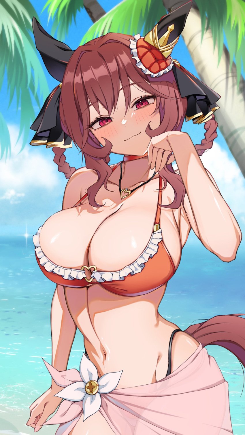 artist_request big_breasts bikini character_request heart_necklace large_breasts looking_at_viewer necklace red_eyes red_tail sexy_pose standing tagme umamusume umamusume_pretty_derby