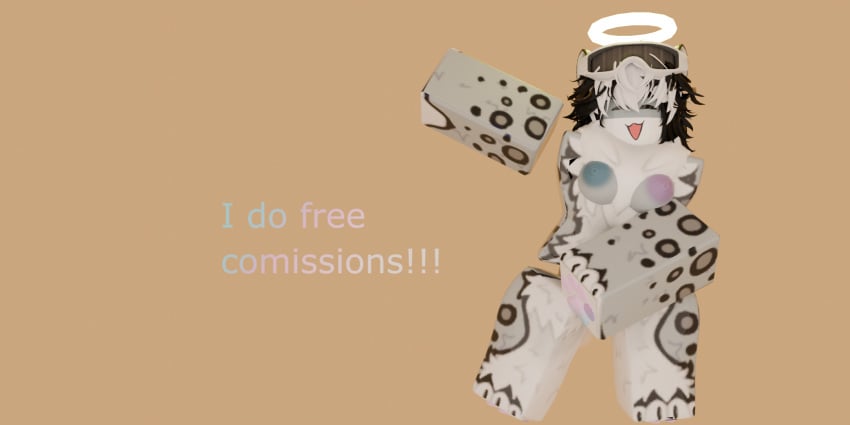 blue_areola colored_areola female furry halo no_sex orange_background pawpads paws pink_areola presenting roblox robloxian snow_leopard solo solo_female text text_focus