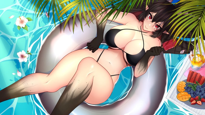 1girls belly_button bikini black_bikini black_hair breasts cleavage devora_mori female female_only flower_petals food fruits huge_breasts ice_cream indie_virtual_youtuber light-skinned_female light_skin monster_girl outdoors petals petals_on_liquid pixelhachi pointy_ears popsicle red_eyes solo swimsuit virtual_youtuber water