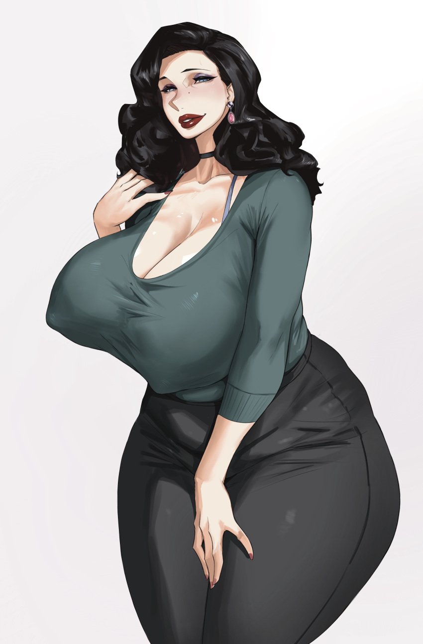 1girls absurd_res alternate_version_available blue_eyes breasts cleavage clothed clothing earrings female female_only hi_res huge_breasts long_hair lulu95402099 mature mature_female mature_woman milf nipple_bulge original solo solo_female thick_thighs wide_hips