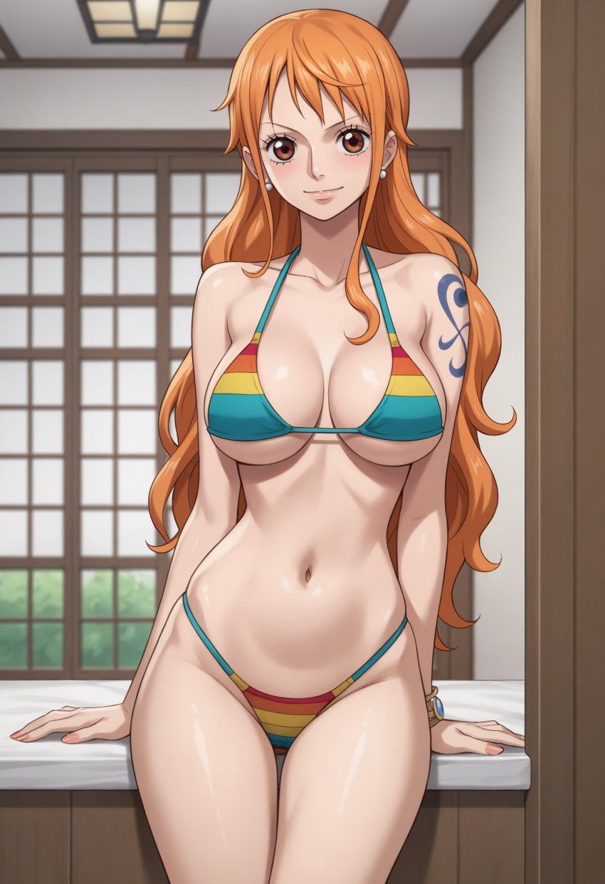 ai_generated bikini bikini_top breasts brown_eyes earrings female female_only midriff nami nami_(one_piece) navel one_piece orange_eyes orange_hair robinlover solo solo_female tagme tattoo