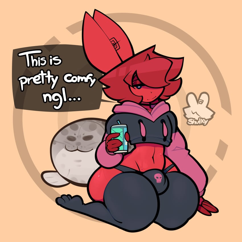 1boy anote_(shulky_bnuuy) bedroom_eyes dialogue drink femboy gay holding_object lagomorph partially_clothed red_fur red_hair shulky_(shulky_bnuuy) shulky_bnuuy simple_background trend twitter