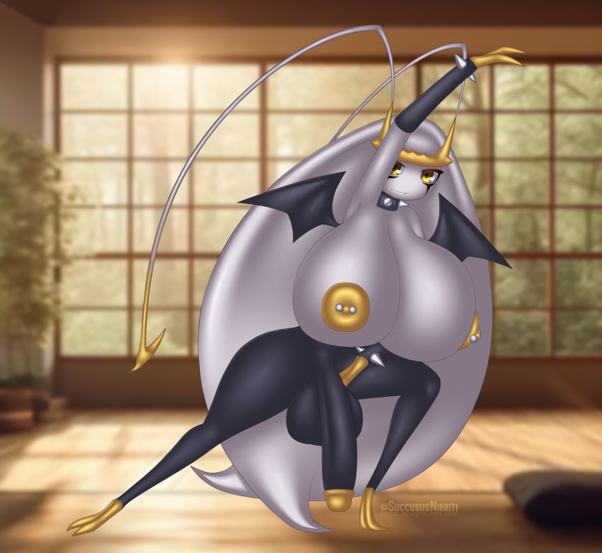 absurd_res amber_eyes antennae_(anatomy) anthro balls bat_wings big_balls big_breasts big_penis black_body black_skin breasts curvy_figure dark_body dark_skin digital_drawing_(artwork) digital_media_(artwork) fan_character futa_only futanari generation_7_pokemon genitals gynomorph hi_res huge_breasts huge_cock humanoid humanoid_genitalia humanoid_penis intersex looking_at_viewer membrane_(anatomy) membranous_wings multicolored_body nintendo nipple_piercing nipples nirriti nude nude_intersex penis pheromosa piercing pokemon pokemon_(species) shaded solo spikes stretching thick_thighs two_tone_body ultra_beast white_body white_skin wings yellow_nipples yoga