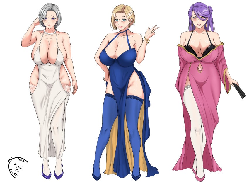 3girls absurd_res blonde_hair blue_clothing blue_dress blue_legwear blue_thighhighs breasts cleavage clothed clothing dress earrings female female_only grey_hair hi_res huge_breasts legwear long_hair mature mature_female mature_woman milf mole_on_breast n0n_001 navel navel_cutout original pink_clothing pink_dress purple_hair thick_thighs thighhighs white_clothing white_dress