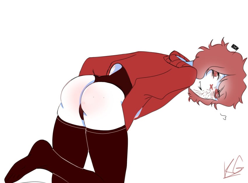 1boy ass ass_up black_panties femboy fukase heterochromia pale_skin red_eyes red_hair red_sclera short_hair smile smile_at_viewer thighhighs thighs vocaloid vocaloid_4