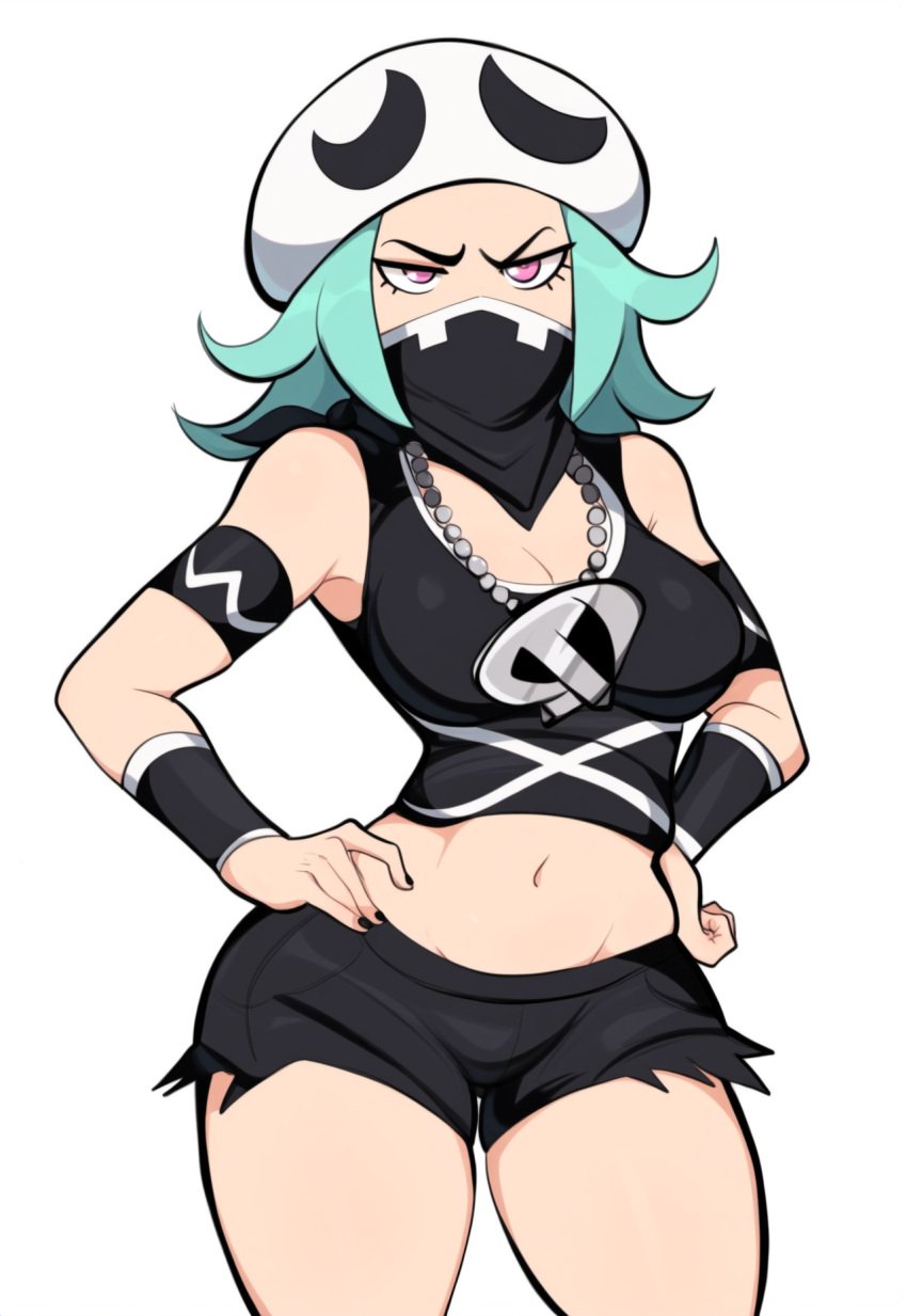 ai_generated female green_hair large_breasts mullon novelai pokemon pokemon_sm shorts solo standing team_skull team_skull_grunt team_skull_grunt_(female) white_background