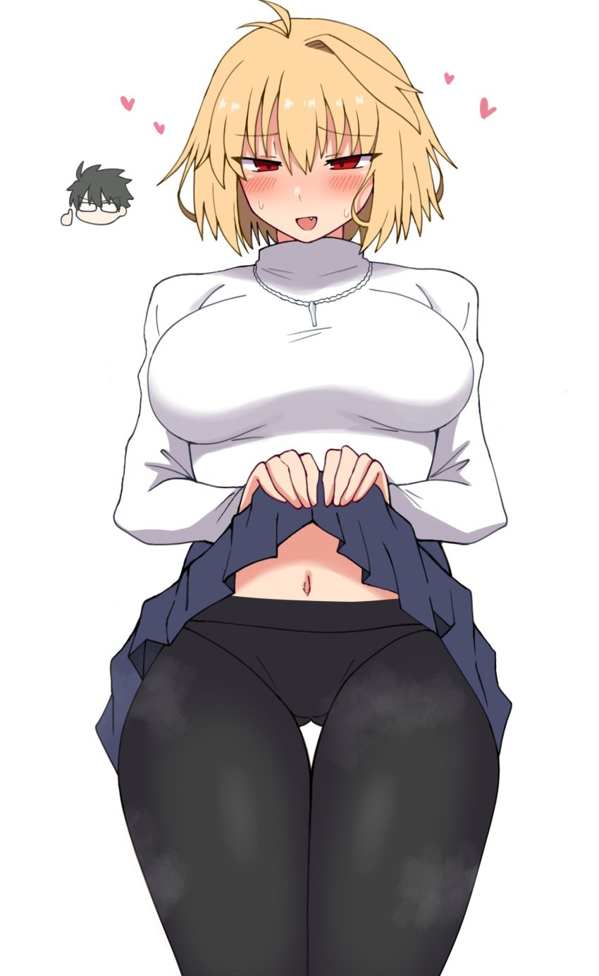 1boy 1girls :d arcueid_brunestud ass_visible_through_thighs black_pantyhose blush blush breasts chibi chibi_inset clothes_lift furrowed_brow jewelry loving_aura maz_515 midriff navel necklace oerba_yun_fang pantyhose pleated_skirt red_eyes short_hair simple_background skirt skirt_lift smile standing steaming_body sweat sweating thick_thighs thighs thumbs_up tohno_shiki top_heavy tsukihime tsukihime_(remake) white_background