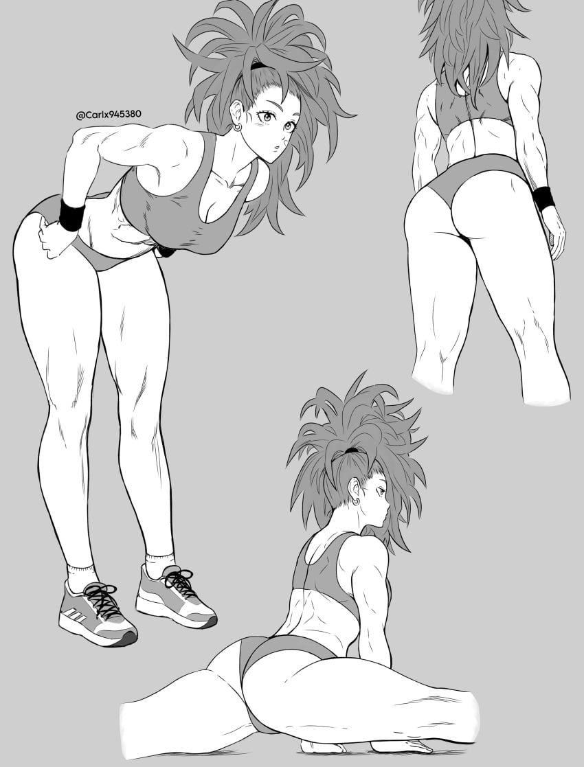 1girls absurd_res ass captain_mizuki carlx945380 grey_background greyscale hi_res monochrome one-punch_man ponytail shorts simple_background splits sports_bra twitter_username