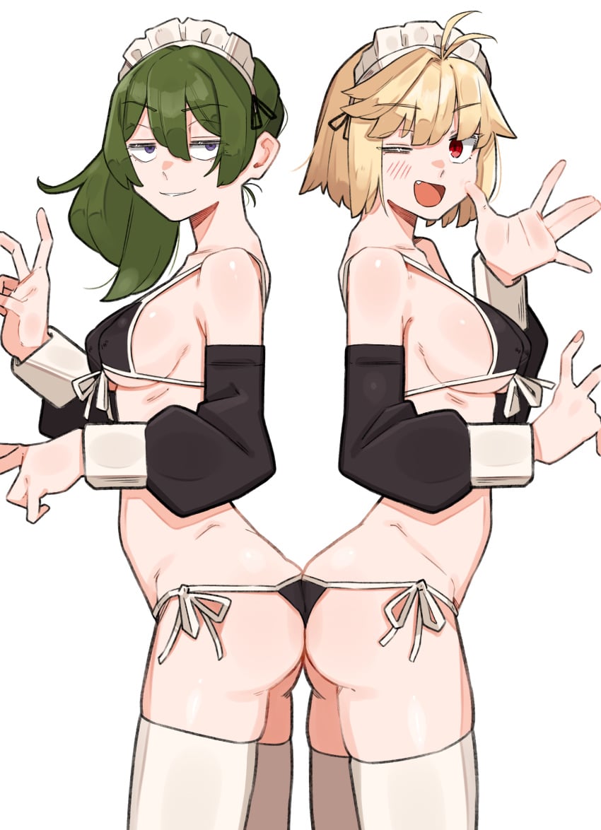 2girls :d ahoge arcueid_brunestud ass ass-to-ass back-to-back bare_shoulders bikini black_bikini black_sleeves blonde_hair blush blusing breasts crossover frieren_beyond_journey's_end green_hair grin hair_ornament hair_ribbon looking_at_viewer maid maid_bikini melty_blood multiple_girls peace_sign ponytail press purple_eyes red_eyes short_hair sideboob simple_background sousou_no_frieren thighhighs tsukihime type-moon ubel_(sousou_no_frieren) voice_actor_connection