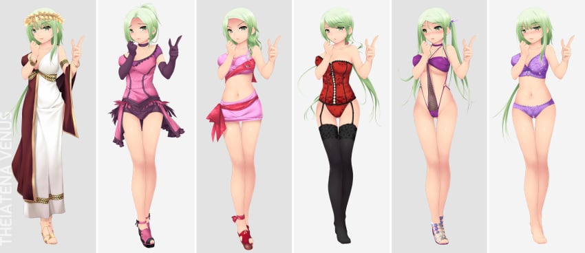 1girls bare_arms bare_legs bare_shoulders bare_thighs barefoot big_breasts blushing_at_viewer bustier cleavage curvy green_eyes green_hair hi_res high_heels huniepop looking_confused looking_embarrassed one-piece_swimsuit purple_bra purple_lingerie purple_panties purple_swimsuit red_lipstick sandals skimpy_bikini skimpy_clothes skimpy_swimsuit smiling_at_viewer stockings theiatena_venus