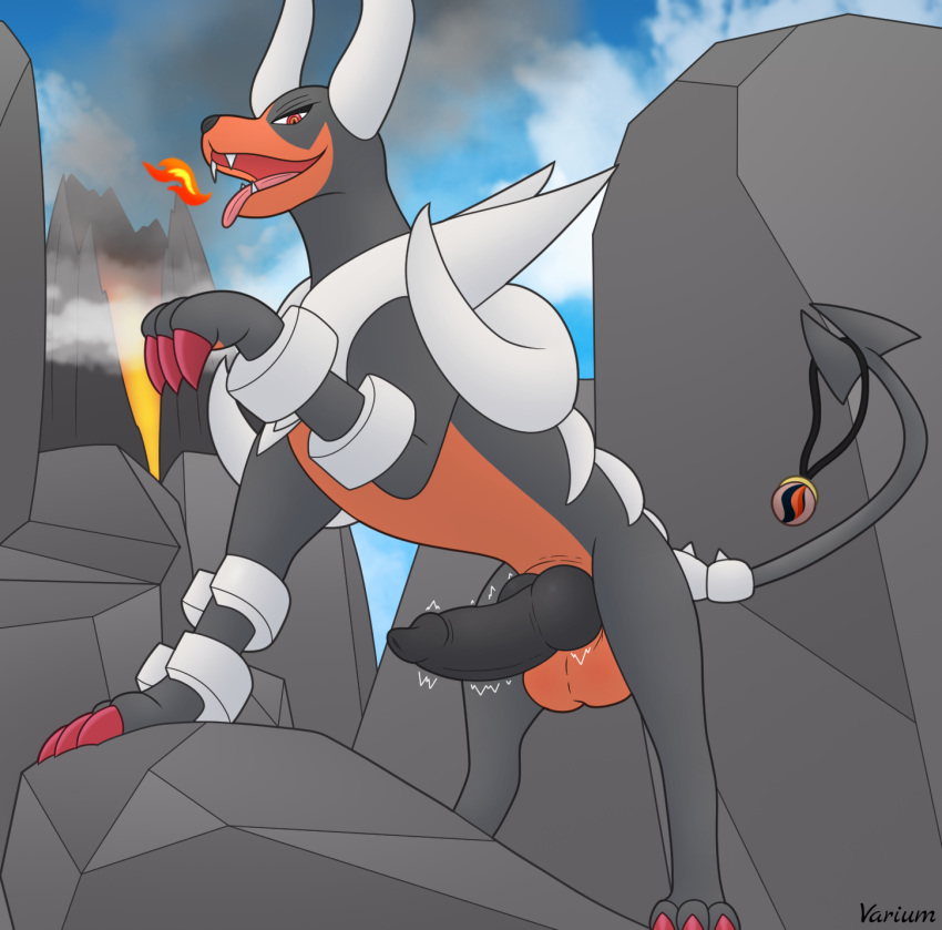 animal_genitalia balls big_penis canid canine claws detailed_background digital_media_(artwork) erection feral fire generation_2_pokemon generation_6_pokemon genitals hi_res horn houndoom lava looking_at_viewer male mammal mega_evolution mega_houndoom mega_stone nintendo open_mouth outside penis pokemon pokemon_(species) presenting presenting_penis rock sky smile solo tail teeth throbbing throbbing_penis toe_claws tongue varium volcano