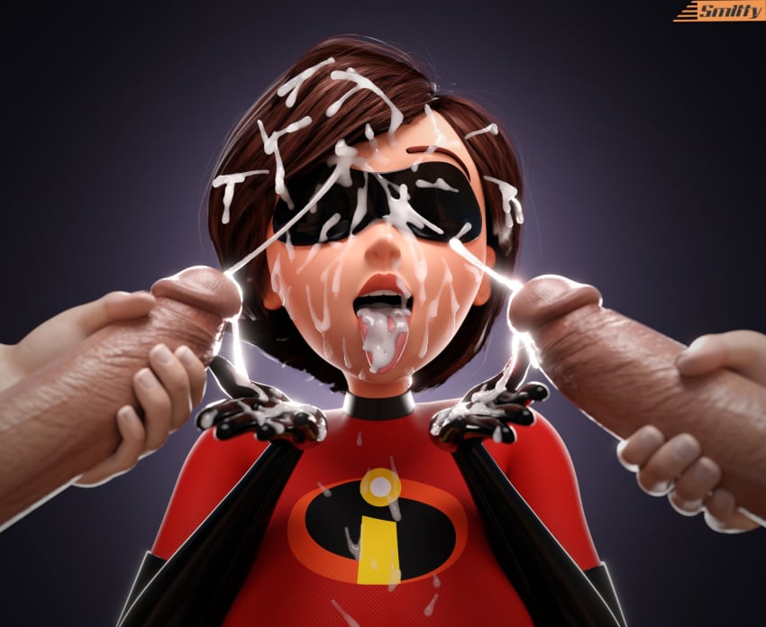 1girls 3d breasts brown_hair bukkake busty cum cum_in_mouth cum_on_face cum_on_tongue cumshot disney ejaculation elastigirl facial female helen_parr hero heroine light-skinned_female light_skin milf mother orgasm pixar smitty34 superhero superheroine the_incredibles upper_body