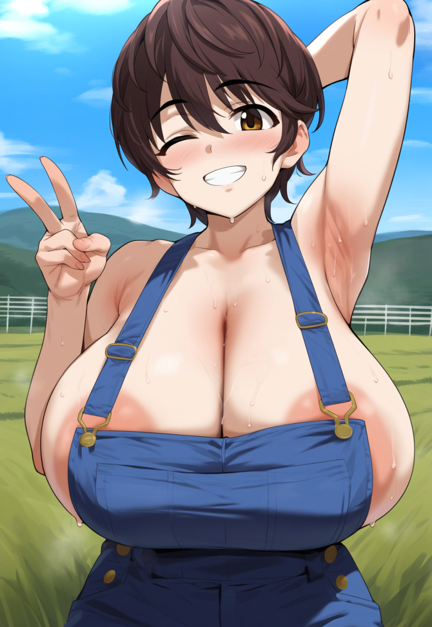 ai_generated bakaai big_breasts breasts brow brown_hair cleavage collarbone denim_clothing female huge_breasts idolmaster idolmaster_cinderella_girls large_breasts light-skinned_female light_skin oikawa_shizuku overalls solo