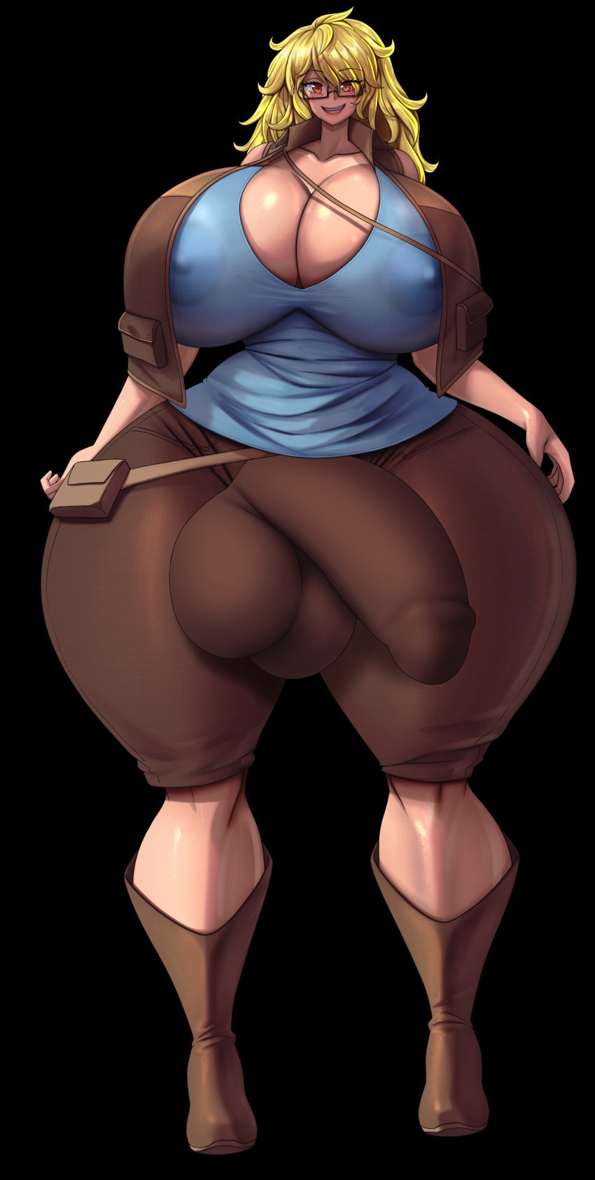 1futa amber_hyne balls blonde_hair breasts brown_eyes bulge bulge_through_clothing clothed clothing cloudybits erection fully_clothed futa_only futanari glasses huge_cock huge_hips human large_breasts light-skinned_futanari light_skin penis solo standing thick_thighs wide_hips