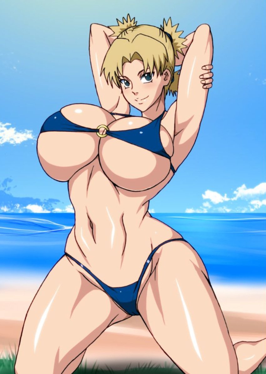 arms_up beach bikini blonde_hair blue_eyes kneeling looking_at_viewer naruho naruto naruto_(series) naruto_shippuden smiling_at_viewer tagme temari