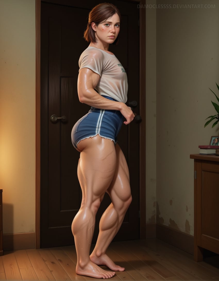 ai_generated barefoot brown_hair damoclessss ellie_(the_last_of_us) from_side looking_at_viewer standing thick_legs