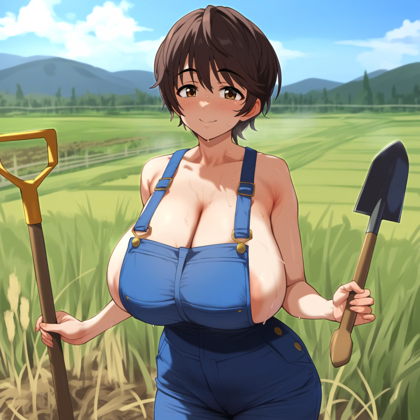 ai_generated bakaai big_breasts breasts brow brown_hair cleavage collarbone denim_clothing female huge_breasts idolmaster idolmaster_cinderella_girls large_breasts light-skinned_female light_skin oikawa_shizuku overalls solo