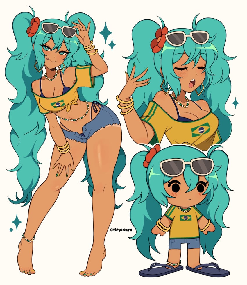 beads blue_hair brazil brazilian brazilian_female brazilian_miku cremanata hatsune_miku sandals tagme tanline vocaloid waist_beads