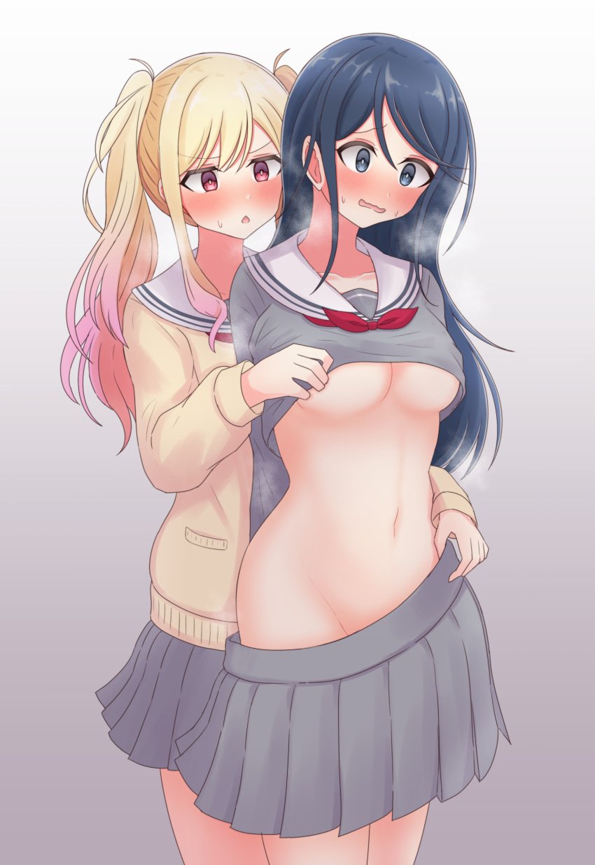 2girls black_hair blonde_to_pink_hair blue_eyes blush bow breasts cardigan chiaki_himanagi hoshino_ichika_(project_sekai) long_hair masurao19 miyamasuzaka_girls'_academy_school_uniform navel no_bra no_panties project_sekai red_bow red_eyes school_uniform shirt shirt_lift skirt skirt_pull tenma_saki twintails two_tone_hair underboob yuri