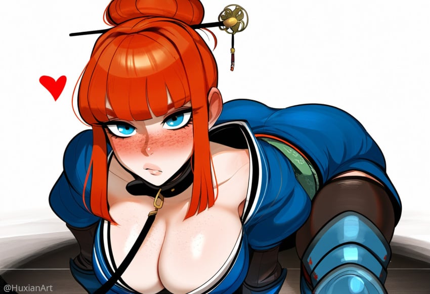 >:( :< abstract_background ai_generated armor bangs blue_eyes blush cleavage collar eyelashes female female freckles hair_bun japanese_clothes knee_pads large_breasts leash looking_at_viewer pet_play pout red_hair sidelocks spoken_heart viriai