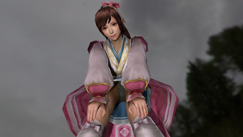 3d bent_over blurry_background brown_hair clothed cloud cloudy_sky female hands_on_knees japanese_clothes looking_down loose_socks oichi panties pantyshot ribbon samurai_warriors sengoku_musou skirt socks solo tree underwear upskirt xnalara xps