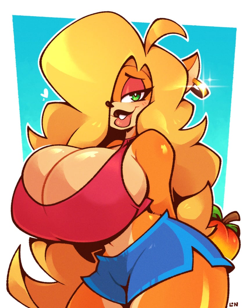 1girls anthro bandicoot big_breasts blonde_hair cleavage cleavage_cutout crash_(series) curvy earrings eyeshadow green_eyes hair_over_one_eye huge_breasts large_breasts legendofnerd shirt short_shorts shorts solo_female tawna_bandicoot thick_thighs top_heavy voluptuous voluptuous_female wide_hips wumpa_fruit