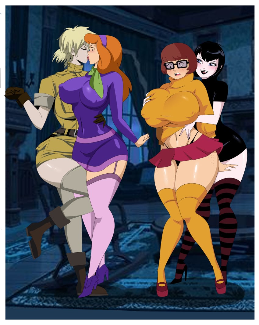 arm_around_waist big_breasts black_hair blonde_hair blushing_female crossover daphne_blake ghostlessm grabbing_breasts grabbing_from_behind hellsing hotel_transylvania hourglass_figure huge_breasts massive_breasts mavis_dracula multiple_girls red_hair scooby-doo seras_victoria short_skirt smug_grin sony_pictures_animation thick_thighs thigh_boots tongue_kiss velma_dinkley voluptuous_female warner_brothers yuri zettai_ryouiki