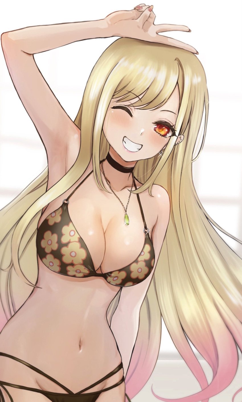 1girls ;d arm_up armpits barbell_piercing bikini black_bikini black_choker blonde_hair bracelet breasts choker cleavage collarbone commentary cowboy_shot ear_piercing earrings female floating_hair floral_print glint grin gyaru halterneck happy highres jewelry kitagawa_marin leaning_forward long_hair medium_breasts multi-strapped_bikini_bottom necklace one_eye_closed piercing print_bikini red_eyes revision sasasa_r_23 side-tie_bikini_bottom simple_background smile solo sono_bisque_doll_wa_koi_wo_suru string_bikini swept_bangs swimsuit v v_over_head very_long_hair white_background