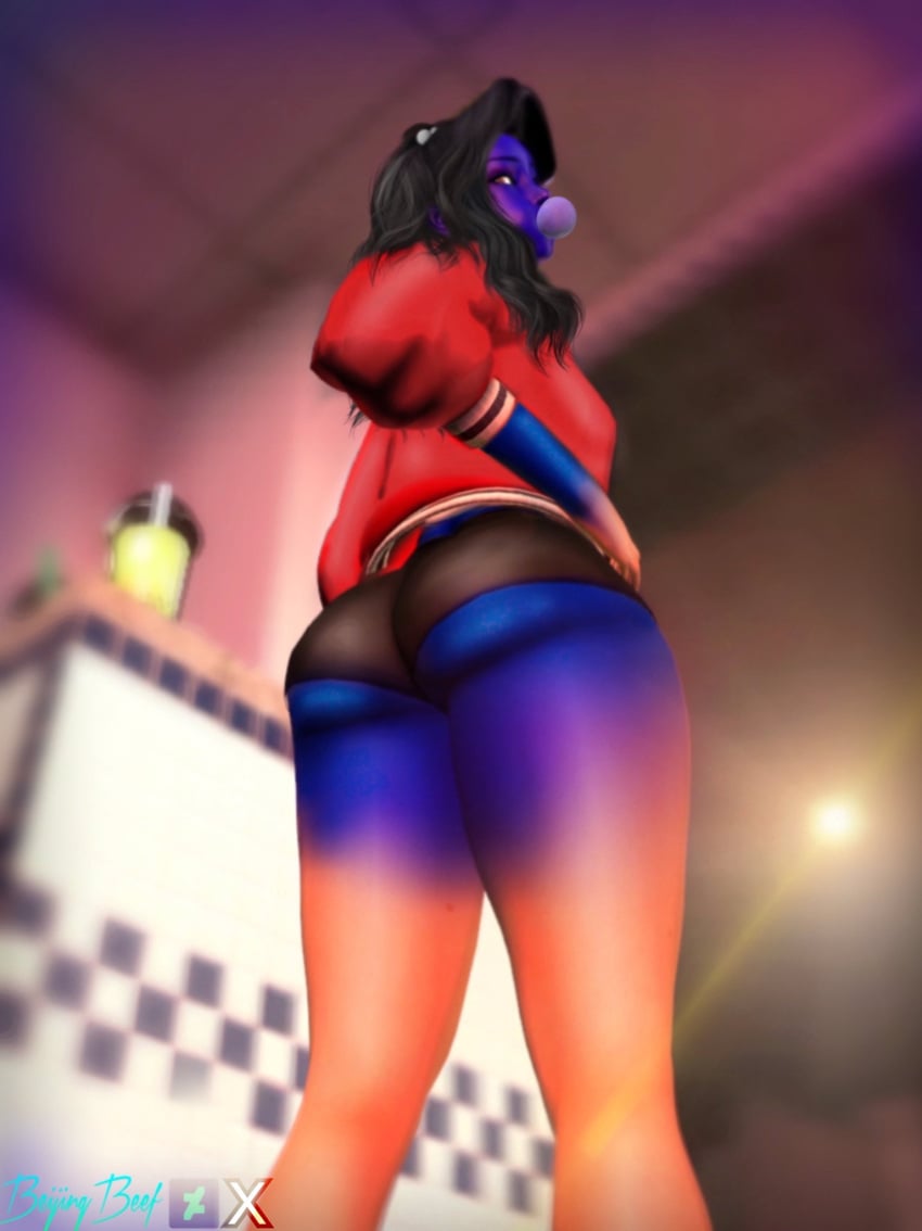 1girls asian asian_female ass_expansion beijingbeef black_hair black_shorts blowing_bubblegum blue_skin blueberry_inflation bubble_gum chinese chinese_female expansion gum inflation light-skinned_female rae_li red_jacket skin_turning_blue spandex spandex_shorts tagme