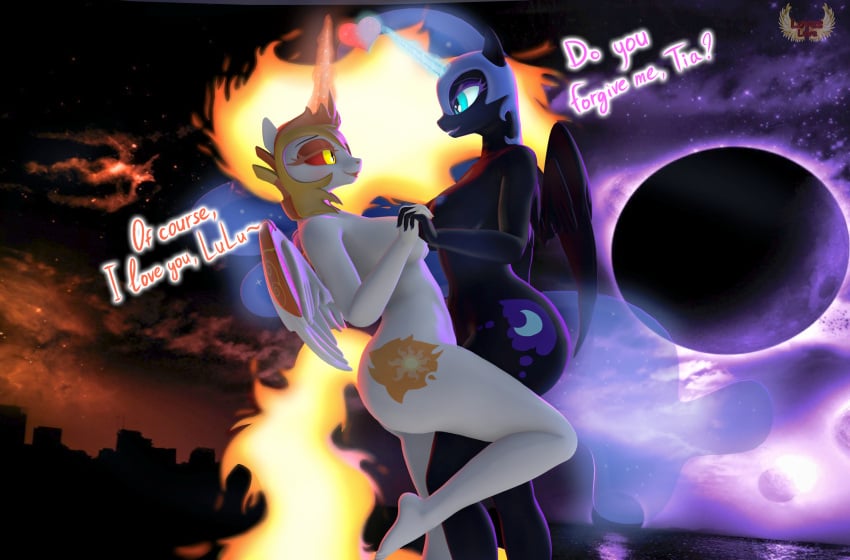 10s 2010s 2019 3d_(artwork) absurd_res alicorn amber_eyes anthro anthrofied areola blue_eyes breasts dark_persona daybreaker_(mlp) dialogue digital_media_(artwork) english_text equid equine female fire flaming_hair friendship_is_magic hair hand_holding hasbro heart_symbol hi_res horn loveslove mammal moon my_little_pony mythological_creature mythological_equine mythology nightmare_moon_(mlp) nipples nude princess_celestia_(mlp) princess_luna_(mlp) pseudo_hair pupils siblings sister sisters slit_pupils solo source_filmmaker sun text wings