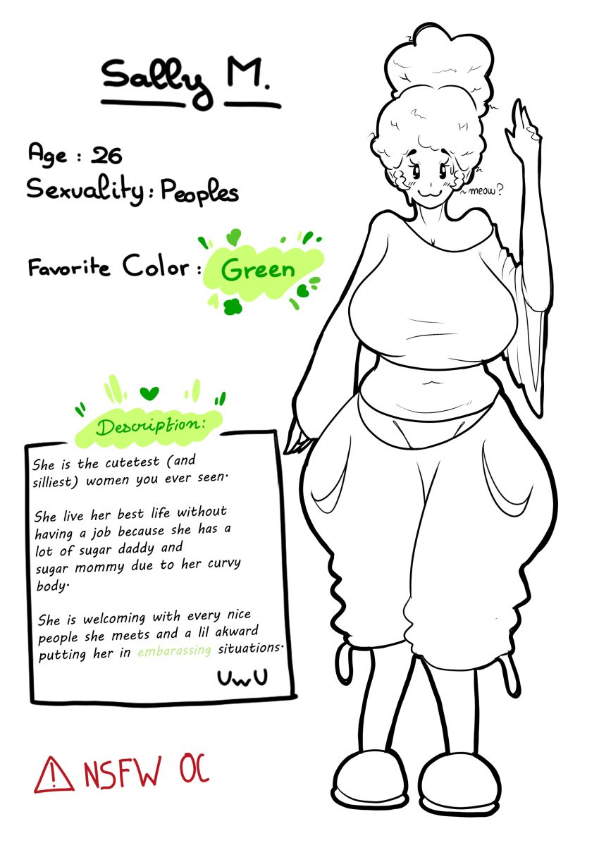 1female :3 ^^ ^w^ big_ass big_breasts blush bun chignon clothed curvy curvy_female curvy_figure fluffy_hair k_miixy line_art oversized_clothes reference_sheet sally_(k_miixy) sweaty_penis text tummy voluptuous voluptuous_female