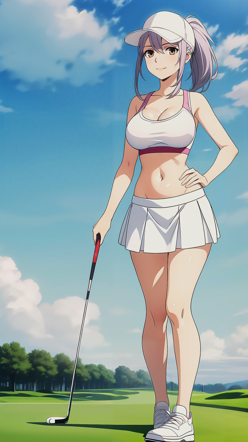 1girls ai_generated brown_eyes busty cleavage clouds female golf golf_club golf_course golf_outfit hand_on_hip hat hi_res highres midriff original_character outdoors pixai ponytail purple_hair shoes skirt solo trees