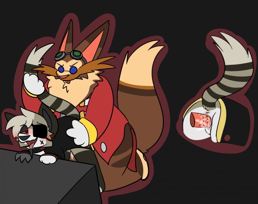 anthro anus bent_over_surface black_clothing black_jacket black_topwear blush bodily_fluids brown_body brown_fur clothing collar cum cum_inside digital_media_(artwork) doggy_style domestic_cat dr._eggman drooling duo ejaculation eris_robotnik eye_patch eyewear eyewear_on_head fan_character felid feline felis female female_penetrated from_behind_position fur genital_fluids genitals glasses goggles goggles_on_head hair hi_res jacket maine_coon male male/female male_penetrating male_penetrating_female mammal markings penetration penile_spines penis red_clothing red_eyes red_jacket red_topwear saliva sega sex simple_background smile sonic_(series) sonic_the_hedgehog_(series) stripes tabby_cat tail tail_grab tapiocadraws tongue tongue_out topwear vaginal_penetration