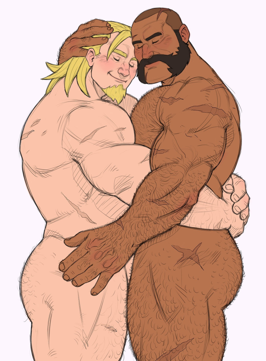 affection balderich_von_adler bara baradok beard blizzard_entertainment blonde_hair blush body_hair brown_hair closed_eyes cuddling cute dark-skinned_male facial_hair gay goatee hand_on_head hugging light_skin long_hair male male_only muscular mutton_chops overwatch reinhardt scar sideburns smile tan_skin thick_thighs wholesome yaoi