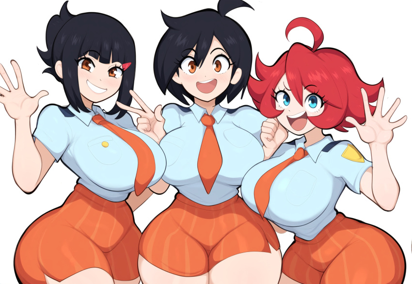 3girls ai_generated black_hair huge_breasts large_breasts mullon naranja_academy_school_uniform novelai peace_sign pokemon pokemon_sv red_hair school_uniform schoolgirl short_hair smile thick_thighs waving wide_hips