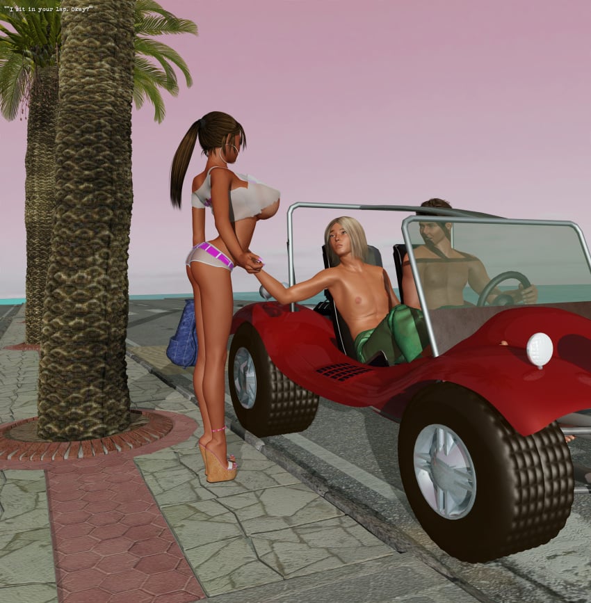 1girls 2boys 3d bare_shoulders big_breasts bimbo brown_hair busty car cottonkidd curvy detailed_background ear_piercing earrings english_text erect_nipple erect_nipples female group high_heels holding_hand holding_object hoop_earrings hourglass_figure human lipstick long_hair looking_down looking_up midriff multiple_boys multiple_males nipple_bulge outdoor outside piercing platform_heels pose posing see-through shadow shiny shiny_skin short short_hair short_shorts side_view sitting solo_female standing text tube_top tubetop una_dali underboob voluptuous wide_hips