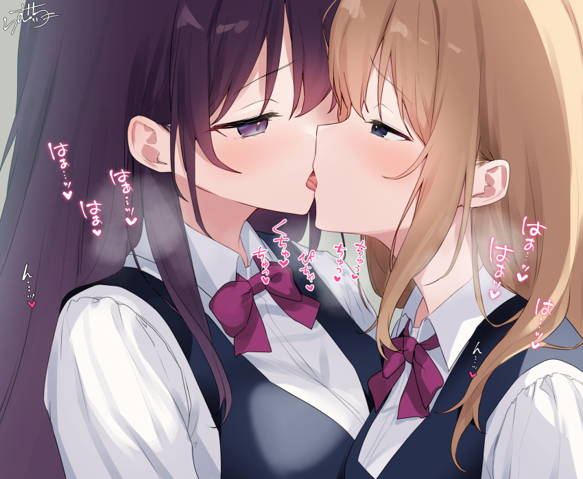 2girls absurdres black_hair blonde_hair blue_eyes blush breasts french_kiss highres kissing long_hair multiple_girls original purple_eyes purple_hair ramchi school_uniform tongue translation_request yuri