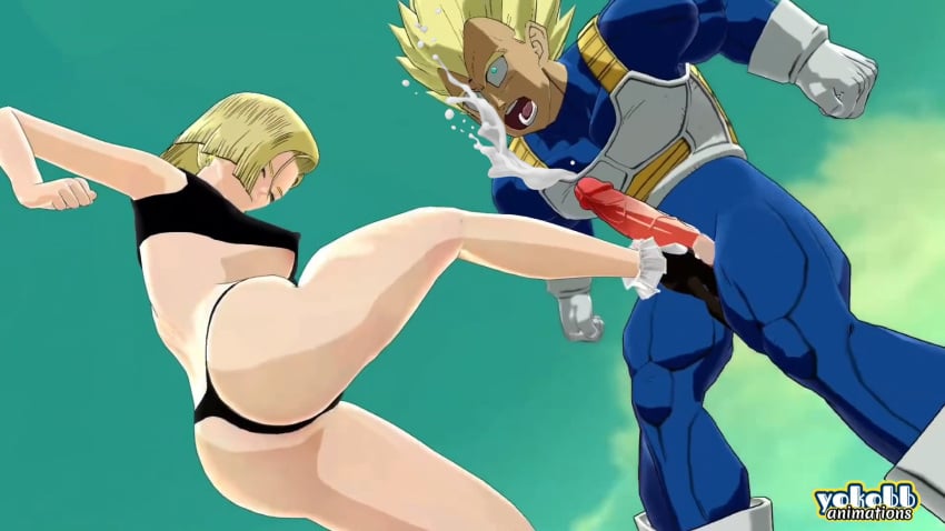 1boy 1girls android_18 ballbusting ballbusting_orgasm dragon_ball dragon_ball_z vegeta