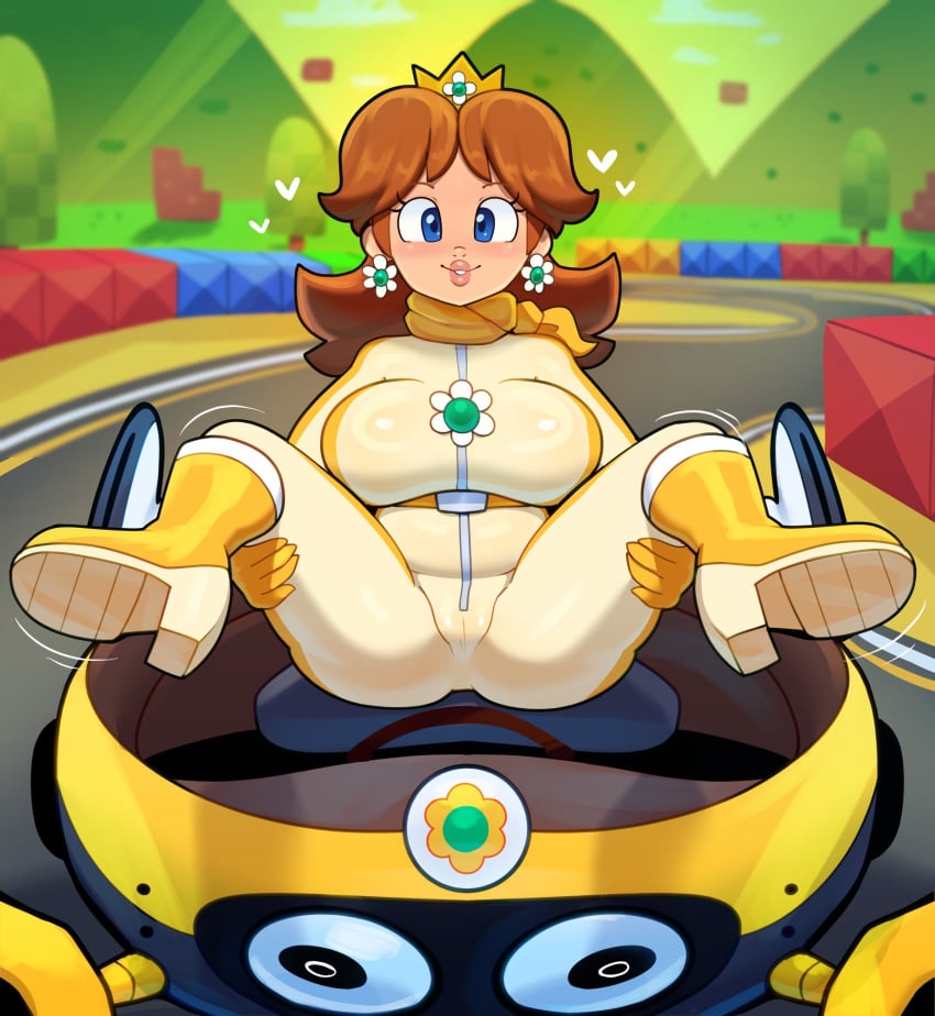 1girls 2024 2d 2d_(artwork) big_breasts blue_eyes breasts brown_hair clothing crown female female_only hand_on_leg hand_on_own_leg high_resolution highres kart light-skinned_female light_skin lips mario_(series) mario_kart nintendo pose princess_daisy scarf solo solo_female somescrub spread_legs track_suit vehicle