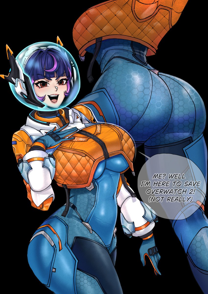 absurdres blizzard_entertainment blue_bodysuit blue_gloves bodysuit breasts brown_eyes cropped_jacket female from_behind gloves hand_on_own_chest helmet highres jacket juno_(overwatch) large_breasts long_sleeves looking_at_viewer medium_hair multicolored_hair open_mouth orange_jacket overwatch overwatch_2 pink_hair purple_hair ryuukusnpaiarts solo space_helmet streaked_hair teeth tongue upper_teeth_only