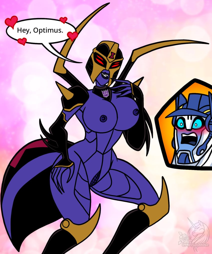 1boy 1girls big_breasts black_lipstick blackarachnia blue_eyes blush breasts curvy curvy_figure english_text melspyrose nipples optimus_prime purple_nipples purple_pussy purple_skin pussy pussy_lips red_eyes robot robot_girl robot_humanoid text thighs transformers transformers_animated vagina