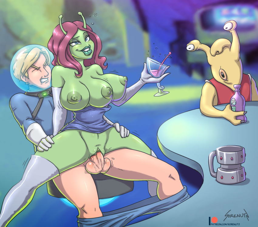 3_breasts alcohol alien alien_girl antennae bar blonde_hair blue_dress blue_eyes drunk gloves green_skin helmet interspecies penetration purple_hair reverse_cowgirl_position roger_wilco sex sierra_entertainment sorenutz space_quest space_suit yellow_skin