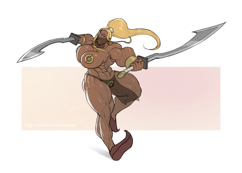 amazon big_breasts big_muscles blonde_hair bodybuilder dark_skin female female_only moxydoxy muscle muscles muscular muscular_female sword