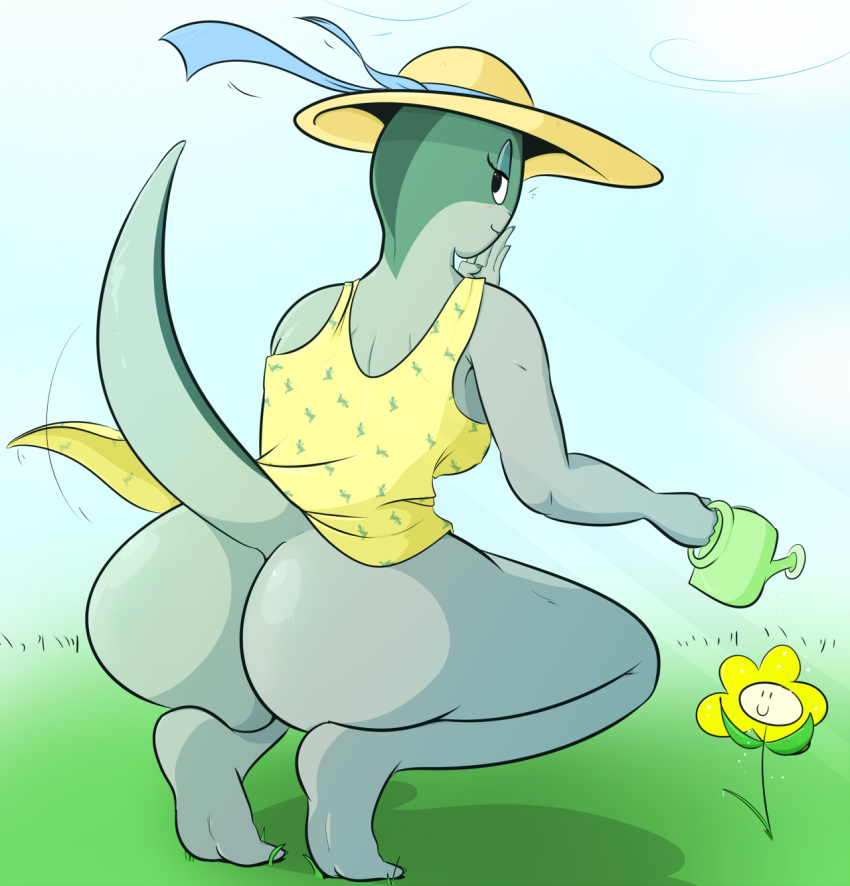 1girls 2d anthro ass big_butt blush bottomless clothed clothing cross_country_detours davidsanchan female flora_fauna flower flowey_the_flower green_body hi_res lizard looking_at_viewer looking_back plant public_domain rear_view reptile rita_skopt scalie scalie_female scalie_only solo sundress sunflower tex_avery undertale