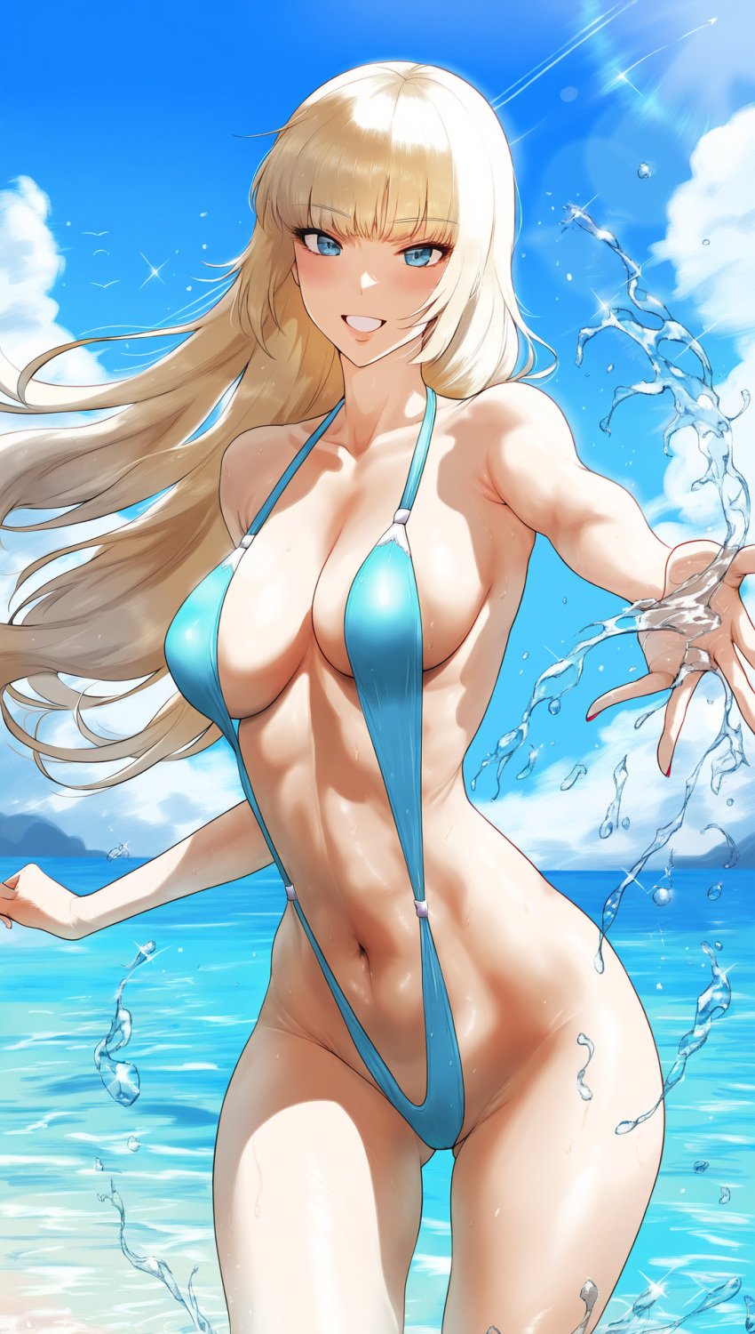 ai_art ai_generated beach emilie_de_rochefort looking_at_viewer outdoors phone_wallpaper slingshot_swimsuit splashing tekken water