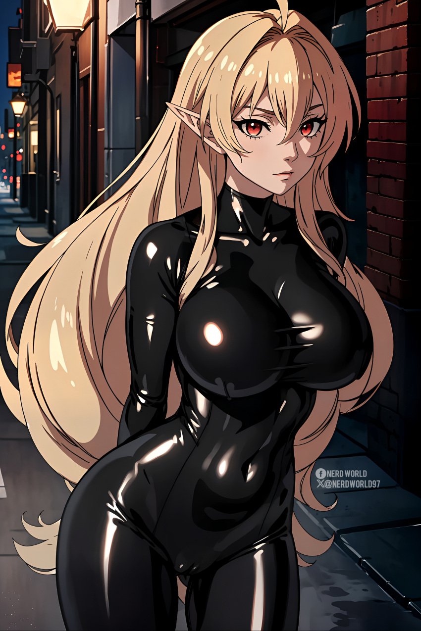 ai_generated big_breasts blonde_hair elf elf_ears elinalise_dragonroad latex latex_suit mushoku_tensei nerdworld97 red_eyes waifu