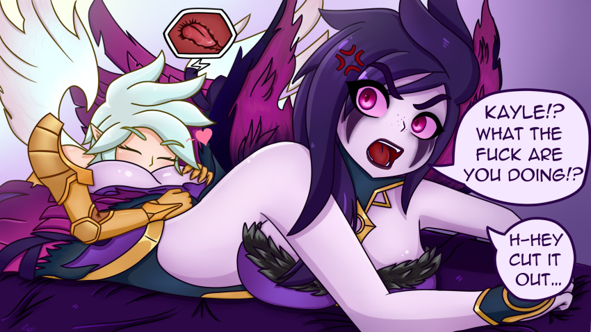 2019 2girls angry armor eyebrows_visible_through_hair female highres incest kayle league_of_legends licking morgana multiple_girls oral purple_hair purple_skin rimming riot_games sisters spiritof2281 wings x-ray yuri