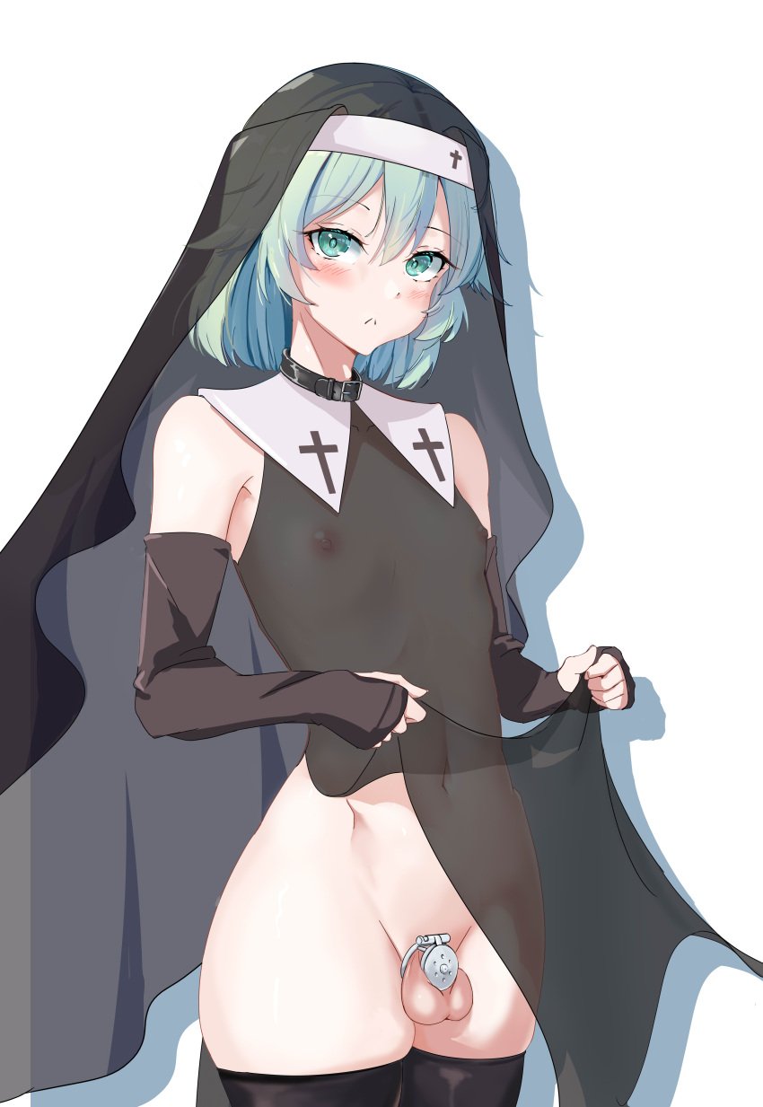 1boy absurdres chastity_cage chastity_device choker collar dch6898013 elbow_gloves flat_chastity_cage gloves green_eyes green_hair highres leather_collar looking_at_viewer nun original otoko_no_ko penis penis_piercing piercing short_hair stockings thighhighs